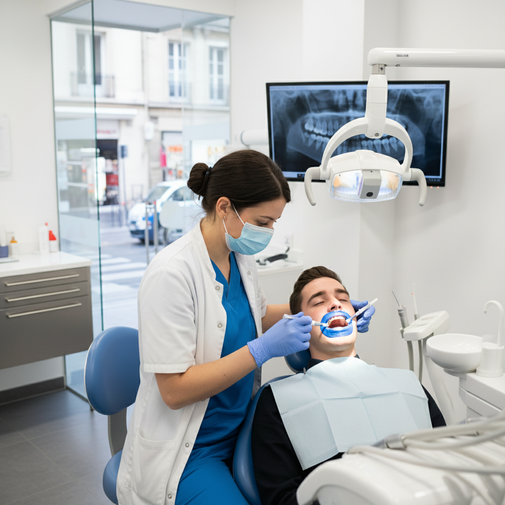 Professional dental whitening treatment procedure. Teeth Whitening France involves a professional applying specialized gel and using an activating light for effective results.