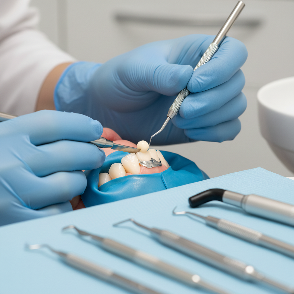 Cosmetic dental procedure with composite resin Composite Bonding France, a dentist expertly applies and sculpts tooth-colored resin on a patient's tooth.