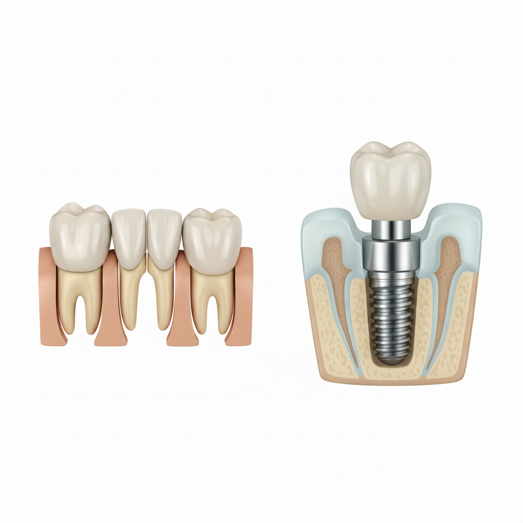 Structural Comparison of Dental Bridge and Implant Dental Bridges vs Implants clearly illustrating the structural differences between these two tooth replacement options.