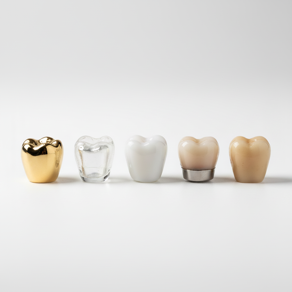 Dental Crowns France: comparing material options such as metal, ceramic, PFM, zirconia, and resin