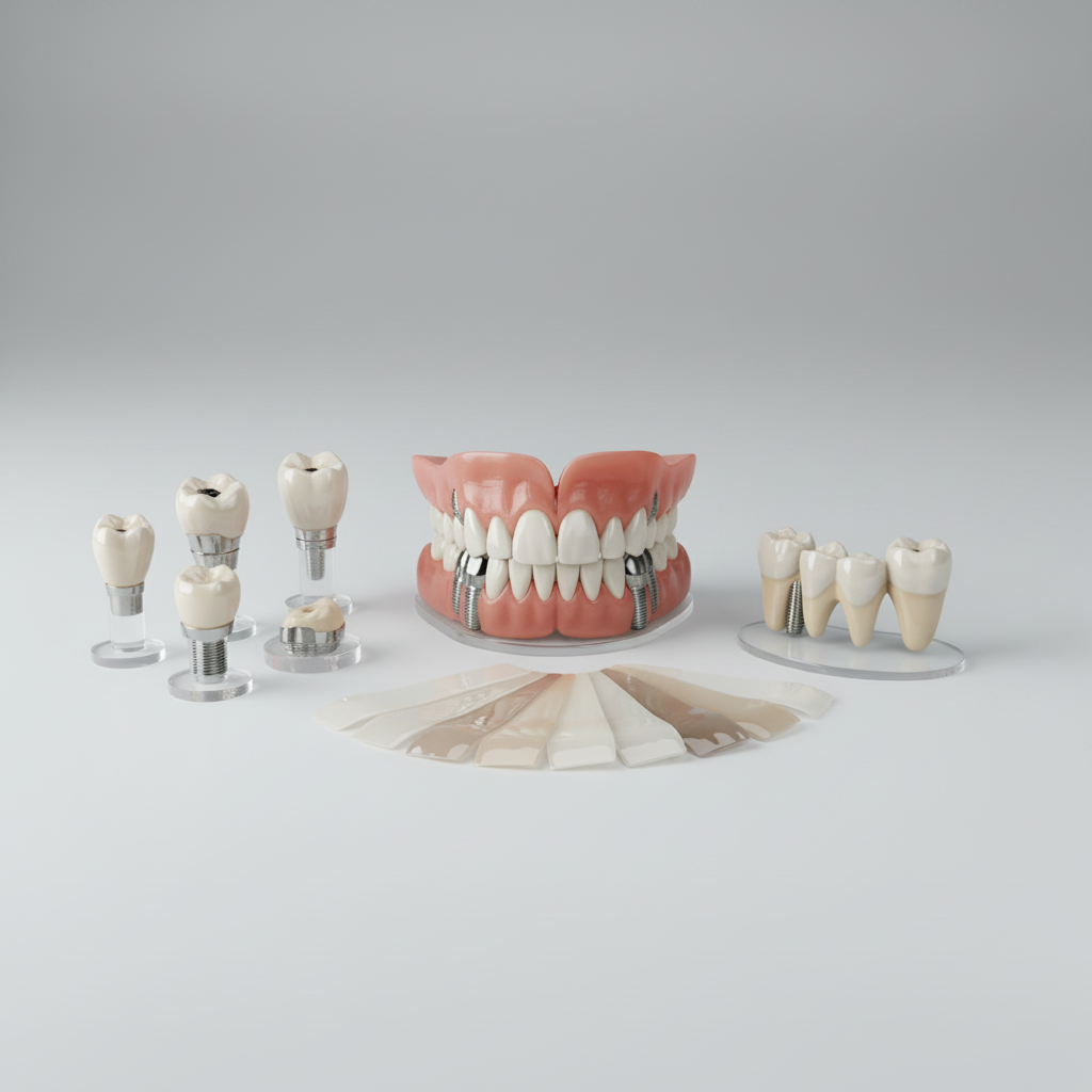 Full Mouth Restoration France showcasing various modern dental prosthetics including implants, crowns, and veneers for comprehensive rebuilding.