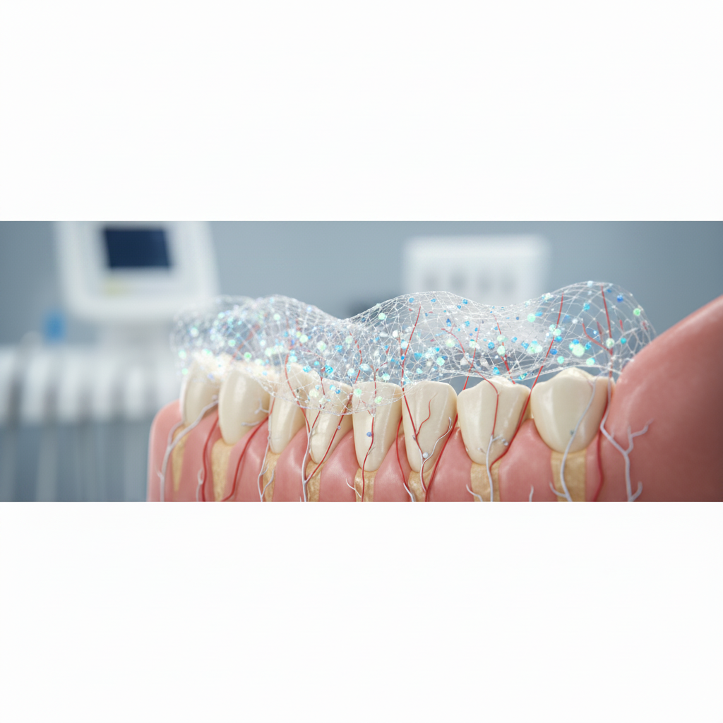 Guided tissue regeneration dental concept Gum Surgery France: Conceptual representation of guided tissue regeneration, showing mesh facilitating bone regrowth