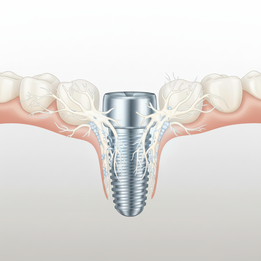 Dental implant post integrating into jawbone How Long Do Dental Implants Take: osseointegration shows an implant fusing with the jawbone, crucial for stability.