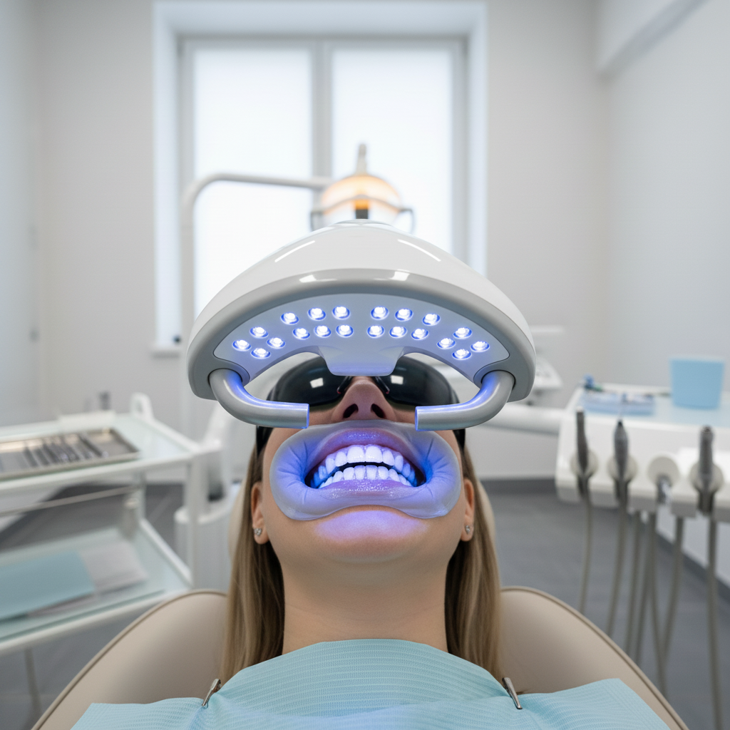 Activating professional teeth whitening in France Teeth Whitening France: Professional LED light activating whitening gel during an in-office dental procedure