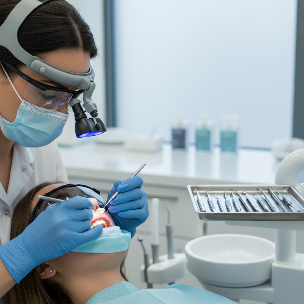 Bonding final porcelain veneers for smile enhancement Veneers in France, skilled cosmetic dentist meticulously bonding durable porcelain veneers for a patient's revitalized smile.