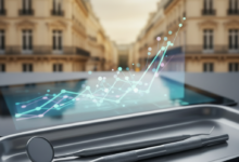 A photorealistic image featuring a sharp close-up of a modern dental mirror and explorer on a sterile surface, with a blurred, abstract digital display showing ascending lines representing costs in the mid-ground. The background is a beautifully soft-focused, bokeh depiction of classical Parisian architecture under natural light, symbolizing dental care expenses in France. No text or numbers are visible.