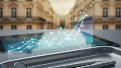 A photorealistic image featuring a sharp close-up of a modern dental mirror and explorer on a sterile surface, with a blurred, abstract digital display showing ascending lines representing costs in the mid-ground. The background is a beautifully soft-focused, bokeh depiction of classical Parisian architecture under natural light, symbolizing dental care expenses in France. No text or numbers are visible.