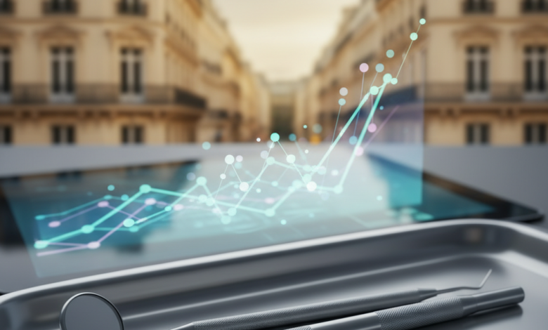A photorealistic image featuring a sharp close-up of a modern dental mirror and explorer on a sterile surface, with a blurred, abstract digital display showing ascending lines representing costs in the mid-ground. The background is a beautifully soft-focused, bokeh depiction of classical Parisian architecture under natural light, symbolizing dental care expenses in France. No text or numbers are visible.