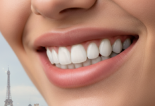 A close-up, photorealistic image of a natural, radiant smile with bright, healthy teeth, subtly framed. In the very soft, blurred background, the iconic silhouette of the Eiffel Tower is visible, hinting at Paris, France. There is no visible text.