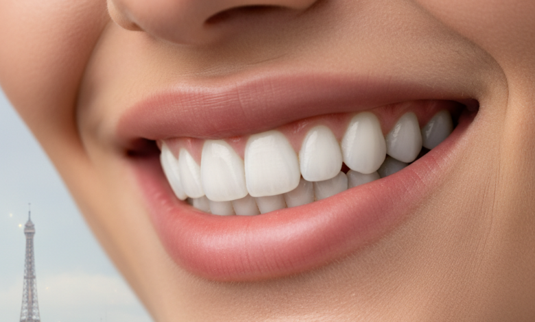 A close-up, photorealistic image of a natural, radiant smile with bright, healthy teeth, subtly framed. In the very soft, blurred background, the iconic silhouette of the Eiffel Tower is visible, hinting at Paris, France. There is no visible text.
