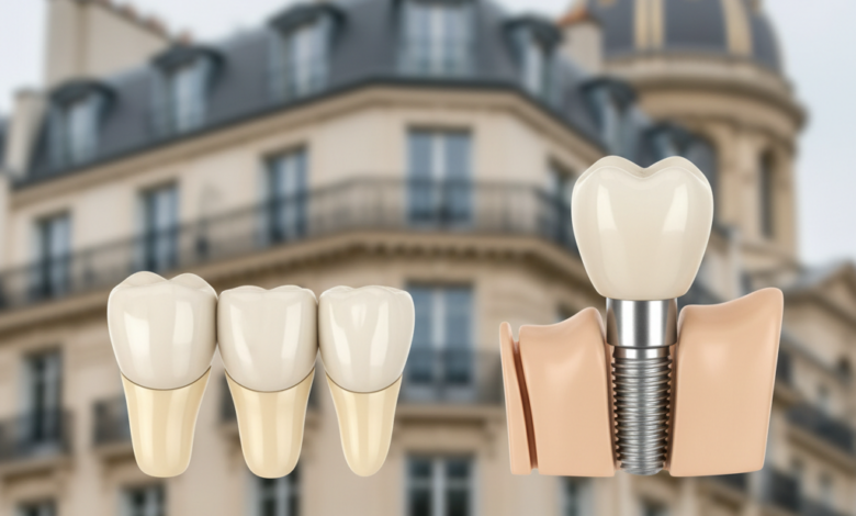 A close-up, photorealistic image comparing two dental prosthetics. On the left, a three-unit dental bridge with artificial teeth and crowns. On the right, a dental implant showing a screw-in post, an abutment, and a crown integrated into a stylized jawbone. The background is a soft, out-of-focus blur of elegant French architecture.