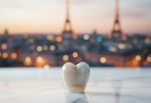 A highly detailed, photorealistic image of a natural-looking all-ceramic dental crown, perfectly crafted and resting on a pristine white surface, with a softly blurred, warm-toned Parisian cityscape in the distant background, depicting the elegance of dental solutions in France. No text is visible.