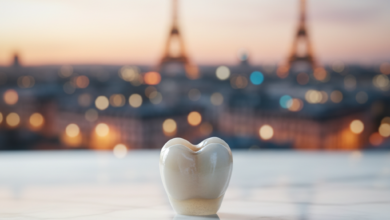 A highly detailed, photorealistic image of a natural-looking all-ceramic dental crown, perfectly crafted and resting on a pristine white surface, with a softly blurred, warm-toned Parisian cityscape in the distant background, depicting the elegance of dental solutions in France. No text is visible.