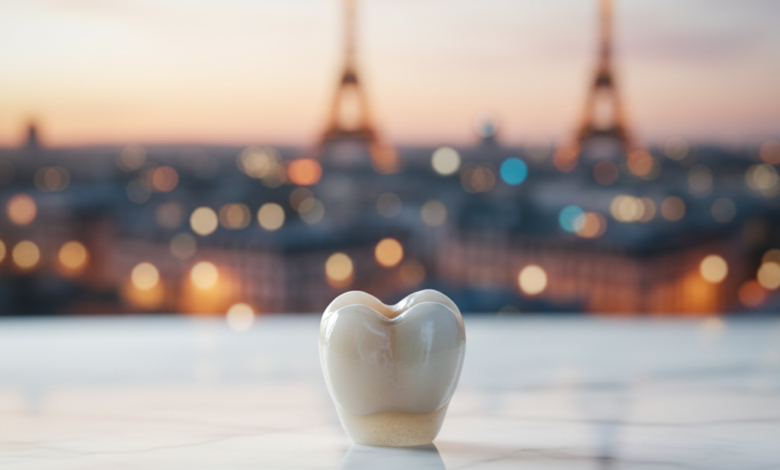 A highly detailed, photorealistic image of a natural-looking all-ceramic dental crown, perfectly crafted and resting on a pristine white surface, with a softly blurred, warm-toned Parisian cityscape in the distant background, depicting the elegance of dental solutions in France. No text is visible.
