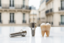 A photorealistic, close-up image showing the conceptual components of a dental implant (post, abutment, crown) in a clean, modern setting. In the deeply blurred background, a subtle architectural detail suggestive of France is visible, emphasizing the location context of the procedure. No visible text.