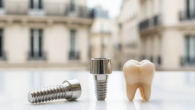 A photorealistic, close-up image showing the conceptual components of a dental implant (post, abutment, crown) in a clean, modern setting. In the deeply blurred background, a subtle architectural detail suggestive of France is visible, emphasizing the location context of the procedure. No visible text.