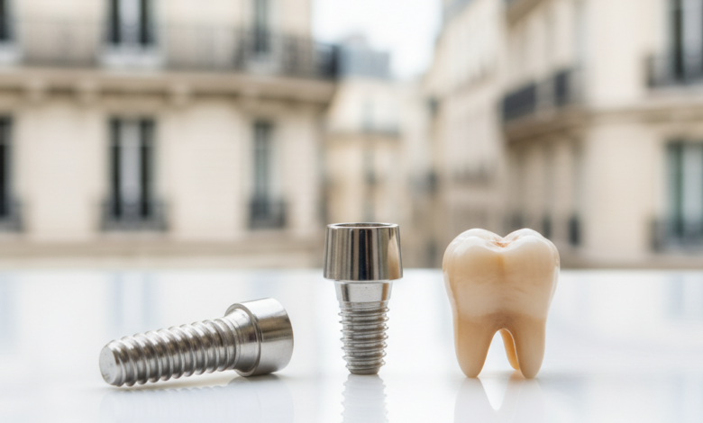 A photorealistic, close-up image showing the conceptual components of a dental implant (post, abutment, crown) in a clean, modern setting. In the deeply blurred background, a subtle architectural detail suggestive of France is visible, emphasizing the location context of the procedure. No visible text.