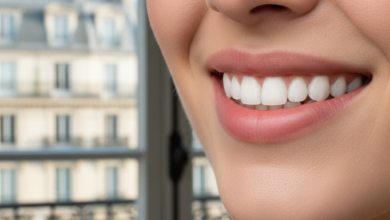 Close-up of a person's lower face showing a bright, confident smile with perfectly restored teeth. The background is a soft blur of a French cityscape seen through a window.