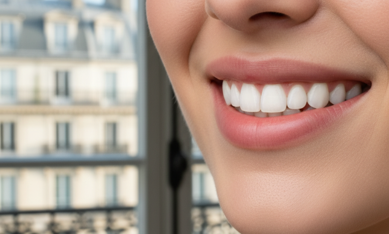 Close-up of a person's lower face showing a bright, confident smile with perfectly restored teeth. The background is a soft blur of a French cityscape seen through a window.