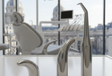 A modern, clean dental treatment room with blurred, abstract dental tools in the foreground, a high-tech dental chair, and a softly focused European city view seen through a window in the background.