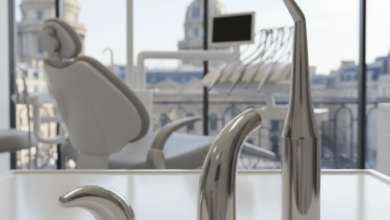 A modern, clean dental treatment room with blurred, abstract dental tools in the foreground, a high-tech dental chair, and a softly focused European city view seen through a window in the background.