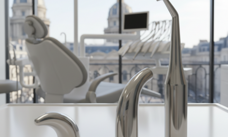 A modern, clean dental treatment room with blurred, abstract dental tools in the foreground, a high-tech dental chair, and a softly focused European city view seen through a window in the background.