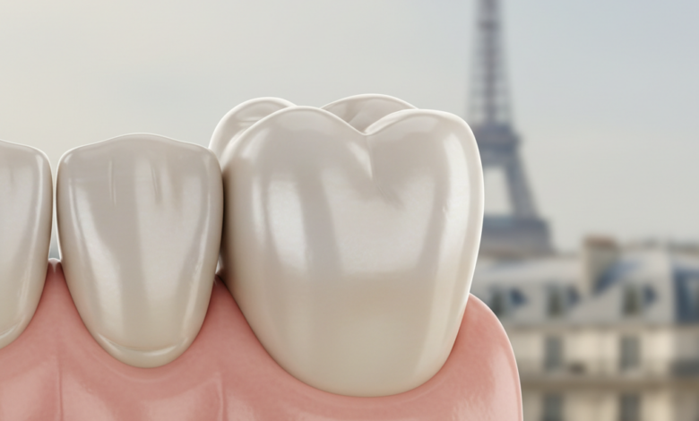 Close-up, photorealistic image of a natural-looking dental implant crown integrated into a clean gum line, with a softly blurred background showing a faint silhouette of the Eiffel Tower in Paris, France.