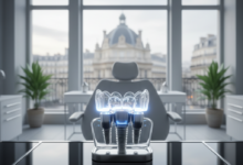 A close-up of a sophisticated, sterile dental tool or a conceptual model of a dental implant on a clean, reflective surface in a modern clinic, with a subtly blurred French city view through a window in the background.