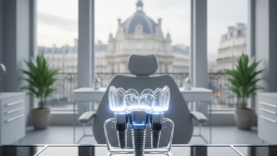 A close-up of a sophisticated, sterile dental tool or a conceptual model of a dental implant on a clean, reflective surface in a modern clinic, with a subtly blurred French city view through a window in the background.