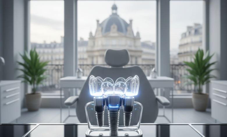 A close-up of a sophisticated, sterile dental tool or a conceptual model of a dental implant on a clean, reflective surface in a modern clinic, with a subtly blurred French city view through a window in the background.