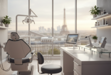 A clean, modern dental consultation room with a professional dental chair and equipment. A large window offers a blurred, scenic view of a French city with classic architecture in the background. The room is brightly lit, conveying a sense of quality and professionalism.
