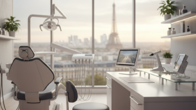 A clean, modern dental consultation room with a professional dental chair and equipment. A large window offers a blurred, scenic view of a French city with classic architecture in the background. The room is brightly lit, conveying a sense of quality and professionalism.