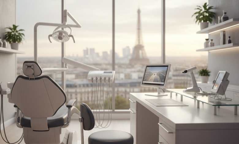 A clean, modern dental consultation room with a professional dental chair and equipment. A large window offers a blurred, scenic view of a French city with classic architecture in the background. The room is brightly lit, conveying a sense of quality and professionalism.