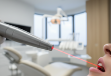 A close-up, photorealistic image of a modern, sleek dental laser handpiece emitting a precise light beam towards a patient's partially visible, blurred mouth. The background shows a sophisticated and clean dental operatory with a contemporary European design, alluding to a high-end clinic in France. The lighting is cinematic, and there's a shallow depth of field.