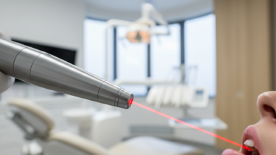 A close-up, photorealistic image of a modern, sleek dental laser handpiece emitting a precise light beam towards a patient's partially visible, blurred mouth. The background shows a sophisticated and clean dental operatory with a contemporary European design, alluding to a high-end clinic in France. The lighting is cinematic, and there's a shallow depth of field.