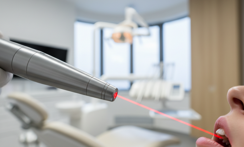 A close-up, photorealistic image of a modern, sleek dental laser handpiece emitting a precise light beam towards a patient's partially visible, blurred mouth. The background shows a sophisticated and clean dental operatory with a contemporary European design, alluding to a high-end clinic in France. The lighting is cinematic, and there's a shallow depth of field.
