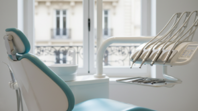 A photorealistic, highly detailed image of a modern, empty dental chair in a clean, brightly lit clinic. Sleek, advanced dental instruments are neatly arranged on a tray beside the chair. Through a blurred window in the background, classic Parisian architecture is visible, suggesting a serene and professional dental experience in France.