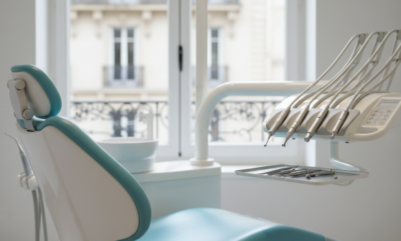 A photorealistic, highly detailed image of a modern, empty dental chair in a clean, brightly lit clinic. Sleek, advanced dental instruments are neatly arranged on a tray beside the chair. Through a blurred window in the background, classic Parisian architecture is visible, suggesting a serene and professional dental experience in France.