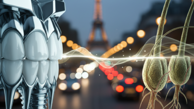 A conceptual image depicting a visual separation between a modern, gleaming dental implant on one side and an intricate, microscopic view of healthy hair follicles on the other. Both medical concepts are in sharp focus, set against a softly blurred backdrop of a Parisian street scene at dusk, with ambient streetlights. A subtle, luminous barrier or visual divide suggests a dilemma or choice between the two medical specializations. No text is visible.