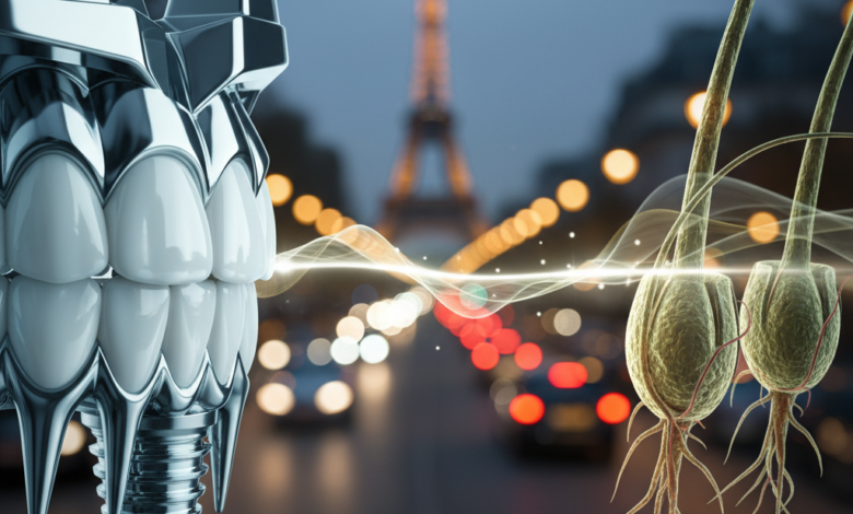 A conceptual image depicting a visual separation between a modern, gleaming dental implant on one side and an intricate, microscopic view of healthy hair follicles on the other. Both medical concepts are in sharp focus, set against a softly blurred backdrop of a Parisian street scene at dusk, with ambient streetlights. A subtle, luminous barrier or visual divide suggests a dilemma or choice between the two medical specializations. No text is visible.