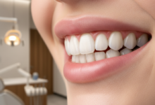 Close-up of a perfectly white, radiant, and healthy smile with pristine teeth and pink gums, set against a softly blurred, modern European-style dental clinic background.