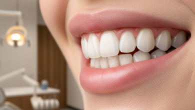 Close-up of a perfectly white, radiant, and healthy smile with pristine teeth and pink gums, set against a softly blurred, modern European-style dental clinic background.