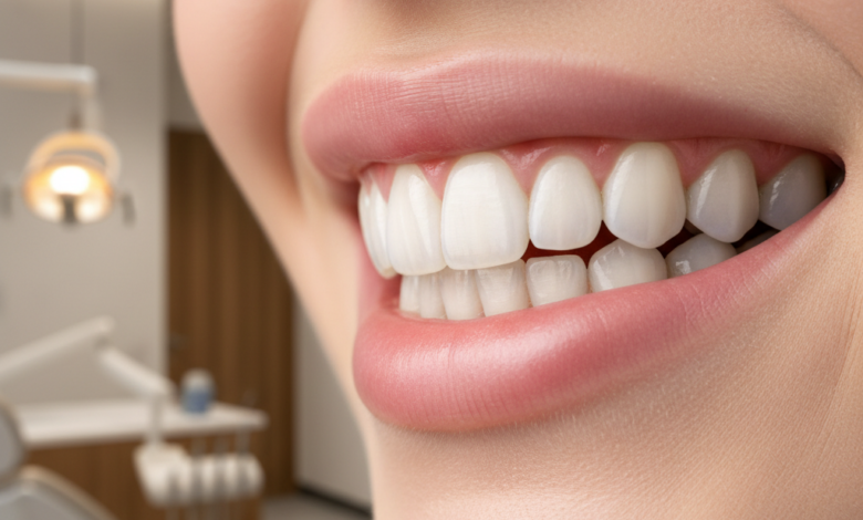 Close-up of a perfectly white, radiant, and healthy smile with pristine teeth and pink gums, set against a softly blurred, modern European-style dental clinic background.