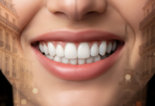 Close-up of a person's bright, perfectly aligned, radiant smile, with a softly blurred background depicting classic Parisian architecture.