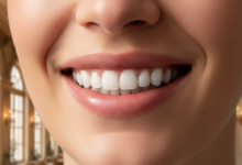 Close-up, photorealistic image of a person's radiant, confident smile with perfectly white, aligned teeth. The background is softly blurred, showing elegant, warm-toned architectural details, subtly suggesting a sophisticated French environment.