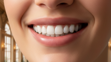 Close-up, photorealistic image of a person's radiant, confident smile with perfectly white, aligned teeth. The background is softly blurred, showing elegant, warm-toned architectural details, subtly suggesting a sophisticated French environment.