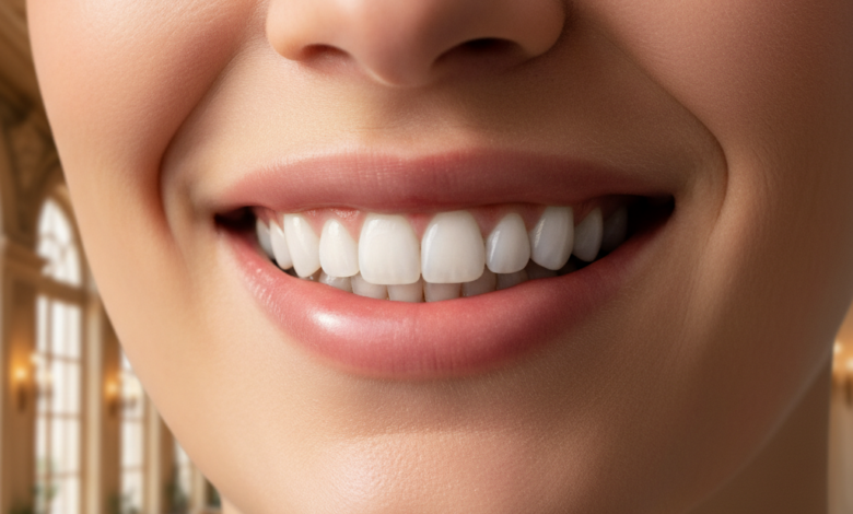 Close-up, photorealistic image of a person's radiant, confident smile with perfectly white, aligned teeth. The background is softly blurred, showing elegant, warm-toned architectural details, subtly suggesting a sophisticated French environment.