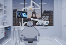 A photorealistic image of a modern, high-tech dental chair and sophisticated equipment in a clean, well-lit clinic. Through a large window in the softly blurred background, the iconic silhouette of the Eiffel Tower is visible, symbolizing advanced dental care in France.