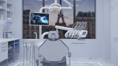 A photorealistic image of a modern, high-tech dental chair and sophisticated equipment in a clean, well-lit clinic. Through a large window in the softly blurred background, the iconic silhouette of the Eiffel Tower is visible, symbolizing advanced dental care in France.