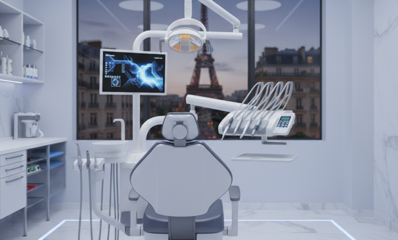 A photorealistic image of a modern, high-tech dental chair and sophisticated equipment in a clean, well-lit clinic. Through a large window in the softly blurred background, the iconic silhouette of the Eiffel Tower is visible, symbolizing advanced dental care in France.